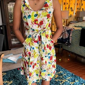 Button down flower patterned dress with belt